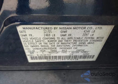 2006 Nissan Maxima 3.5 Sl из США, поврежденный, VIN 1N4BA41E86C830438